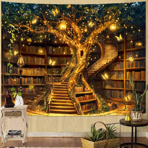 Magical Library Tree of Life Wall Tapestry, Fantasy Bookshelf Tree Tapestries for Room Decor, Enchanted Tapestry 80x60 Inch