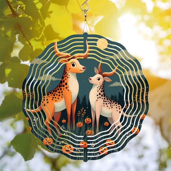 Magical Mandala Metal Wind Spinner & Chime - Serene Deer Design for Yard & Garden Full Moon Night Sky Decor