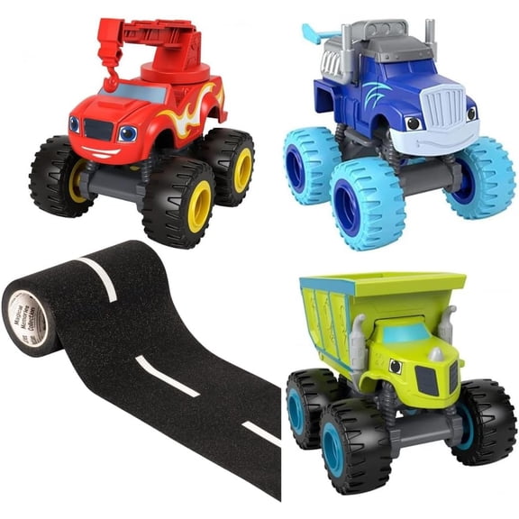 Magical Memories Collection Blaze and The Monster Machines Bundle- 3 Unique Die Cast Character Monster Trucks Styles May Vary and Removable Road Tape