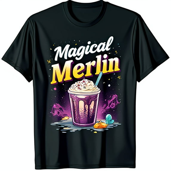 Magical Merlin Black T-Shirt with Milkshake Graphic in Space