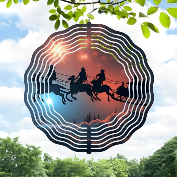 Magical Metal Hanging Wind Spinner - Sleigh & Horses Design Starry Night Vortex Effect for Yard & Garden Decor Festive Wind Chime