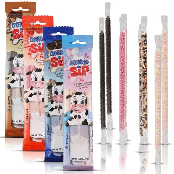 Magical Milk Straws - 4 Pack Bundle of Flavored Straws for Milk, Chocolate, Strawberry, Cotton Candy, Cookies & Cream, 20 Milk Flavoring Straws for Kids. Makes Children Love to Drink Milk