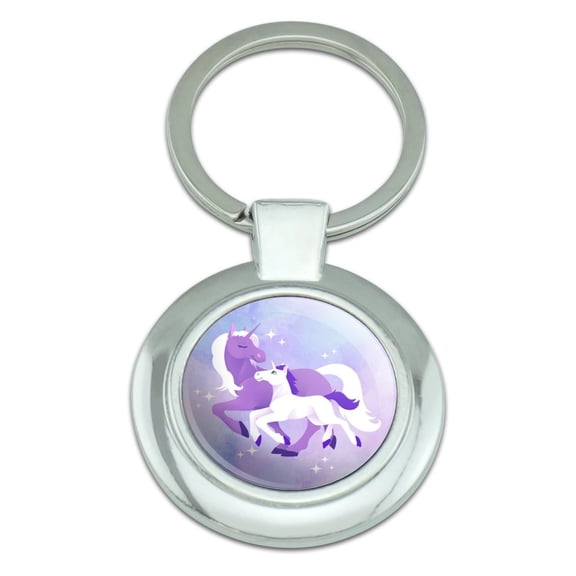 Magical Mom Unicorn and Baby Keychain Classy Round Chrome Plated Metal