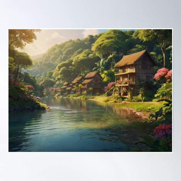 Magical Moments By The Village River Poster Wall Art, Modern Wall Decor, 8x12 UNFRAMED