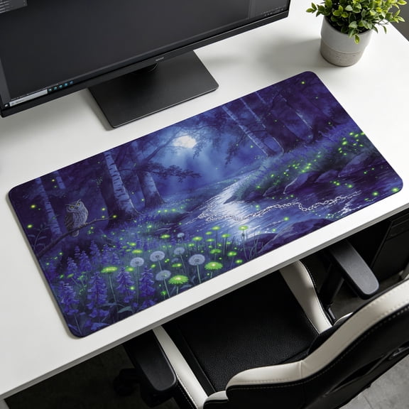 Magical Moonlit Forest Owl and Firefly Design Mouse Pad,Non Slip Rubber Pad,Desktop Decoration Drotection Pad,Washable,Lock Edge Multi Size,Mousepad for Home