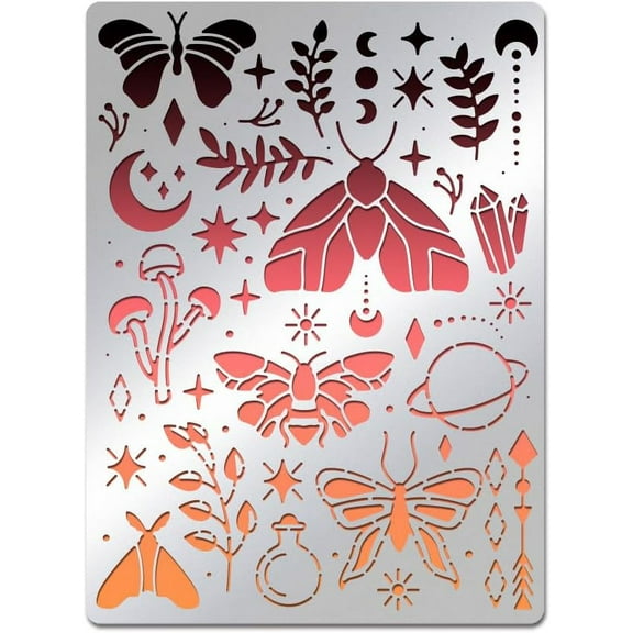Magical Moths Stencil Butterfly Mushroom Leaf Templates Stencil for Engraving Wood and Patterns Lettering Stainless Steel Journal Stencils 5.5x7.5" for DIY