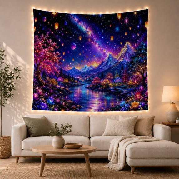 Magical Mountain Lake with Planets & Floating Lanterns, Serene Cosmic Fantasy for Space Lovers, Celestial Home Decor Housewarming Gift Tapestry Wall Hanging for Living Room and Bedroom