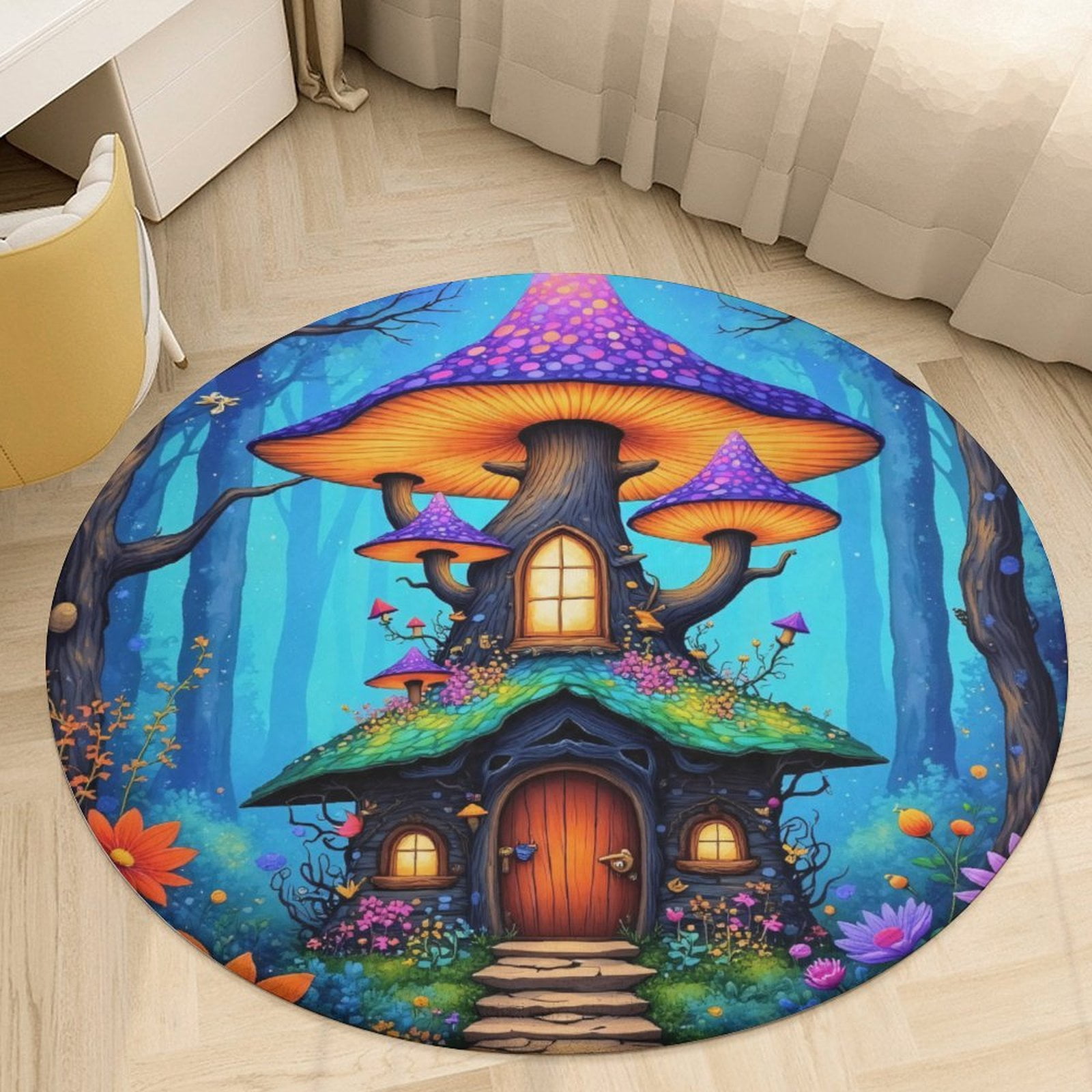 Magical Mushroom House in Enchanted Forest Round Area Rugs for Bedroom ...
