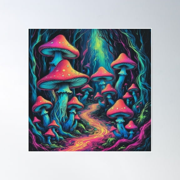 Magical Mushroom Wonderland - Surreal Trippy Landscape Poster Wall Art, Modern Wall Decor, 16x16 UNFRAMED