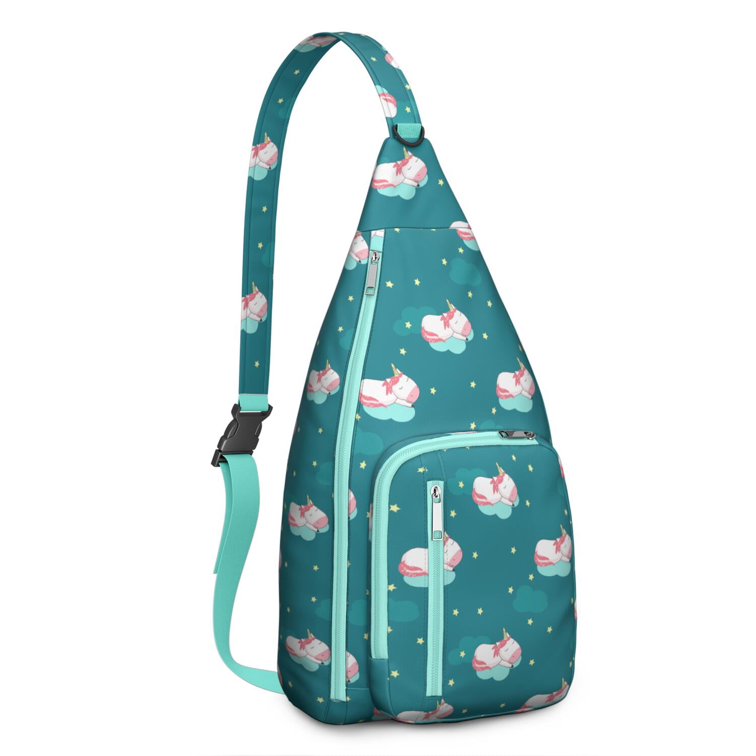 Magical Mythical Horse Sling Bag - Unicorn Rainbow Cartoon Print (Multi-Pocket Organized, Adjustable & Waterproof)