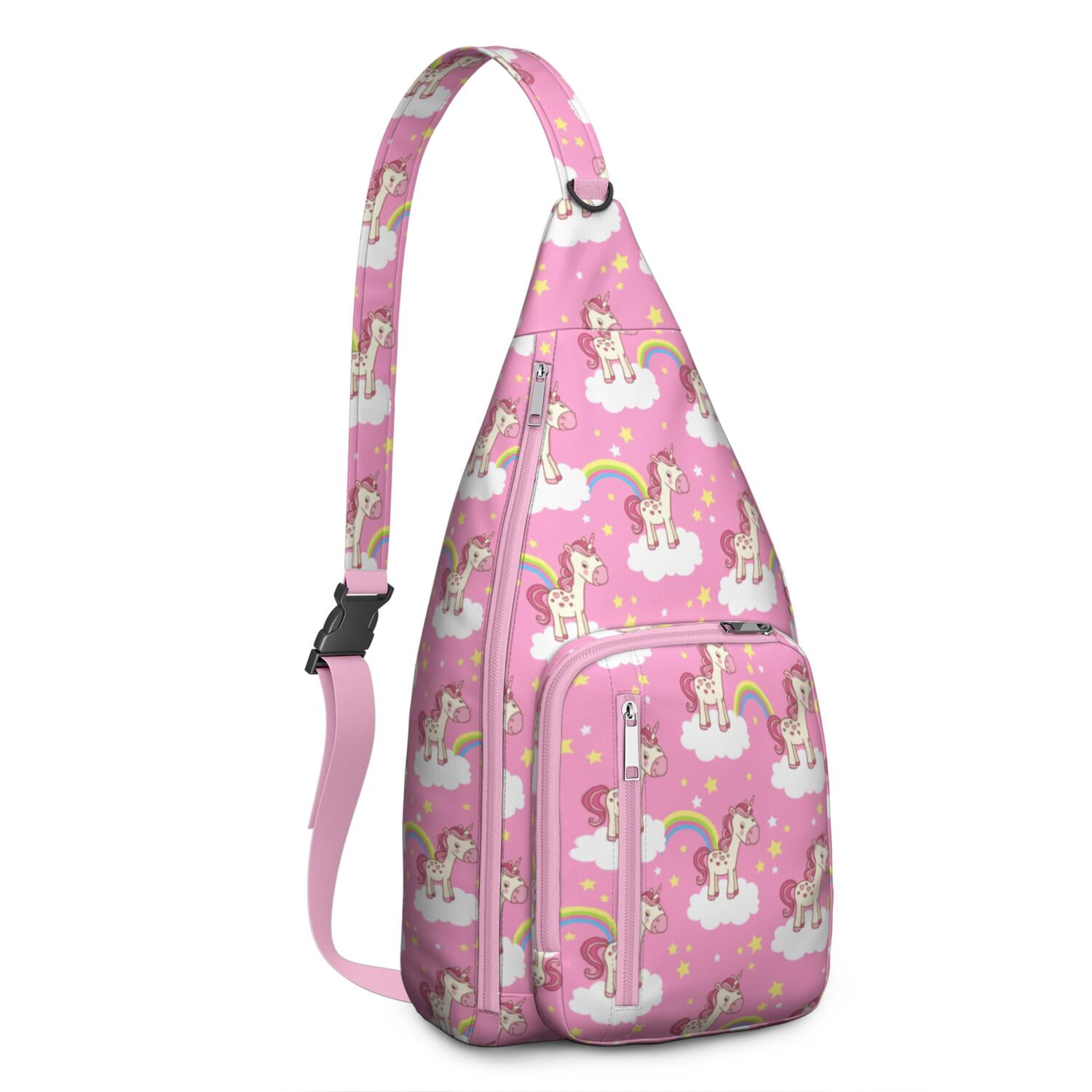 Magical Mythical Horse Sling Bag - Unicorn Rainbow Cartoon Print (Multi-Pocket Organized, Adjustable & Waterproof)