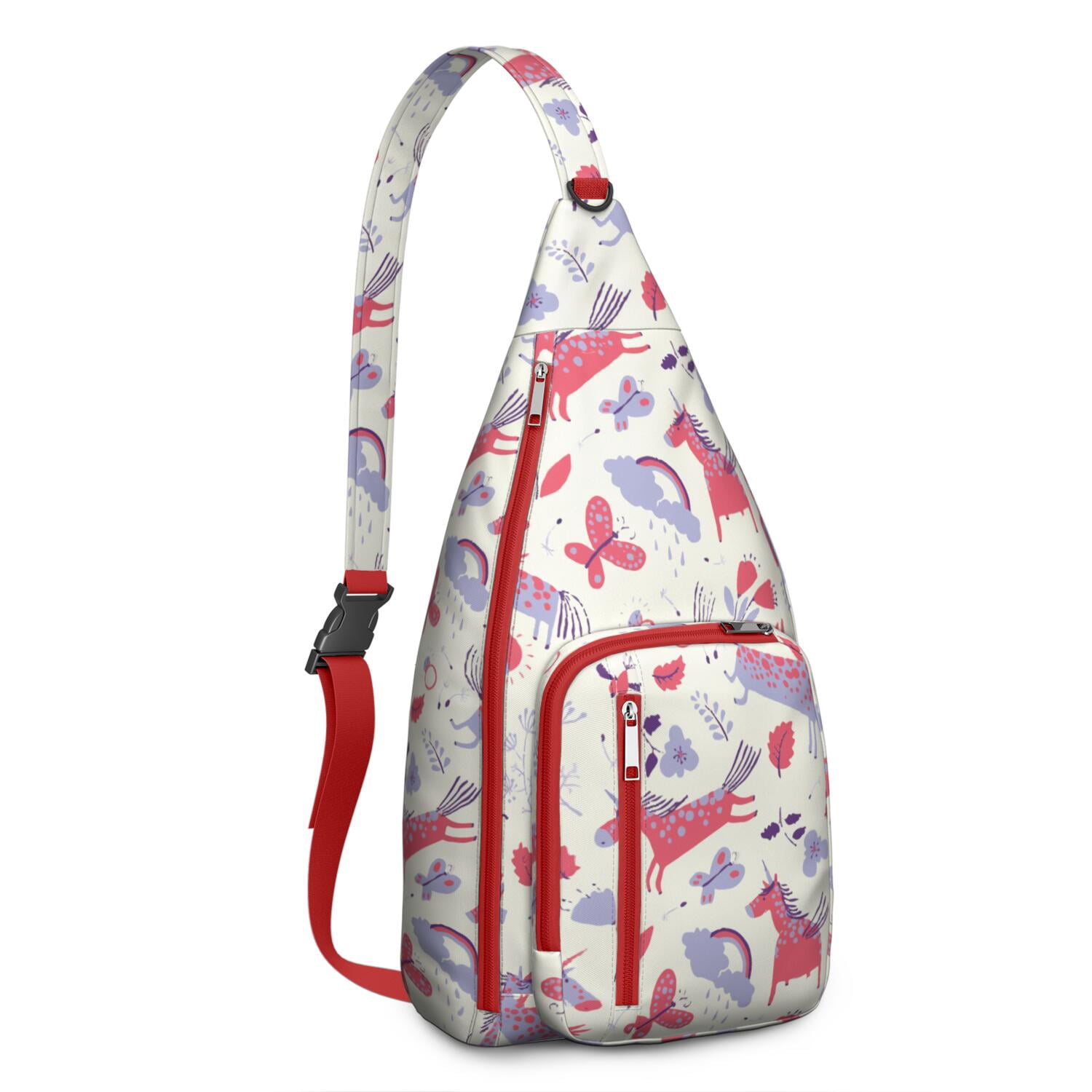 Magical Mythical Horse Sling Bag - Unicorn Rainbow Cartoon Print (Multi-Pocket Organized, Adjustable & Waterproof)