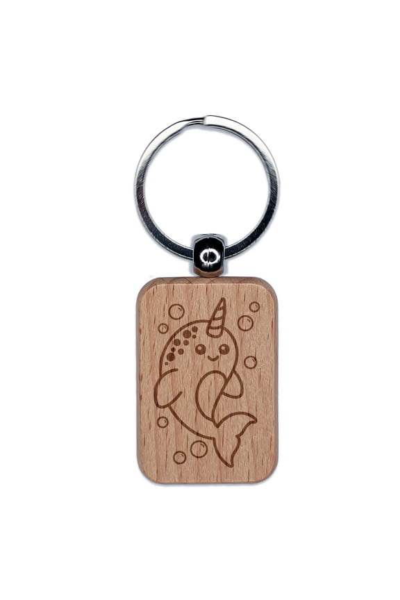 Magical Narwhal Rectangle Keychain Charm Tag - Engraved Wood