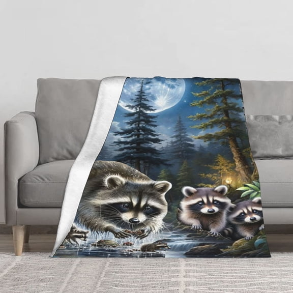 Magical Night Forest Raccoon Family Flannel Throw Blanket, Giant Full Moon Pine Tree Stream Waterfall Wildlife Landscape Print Soft Cozy Lightweight Blanket for Sofa Bedroom