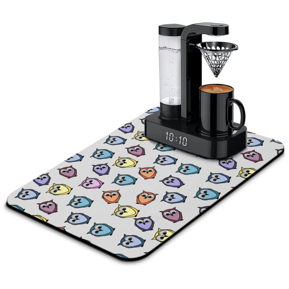 Magical Night Owl Coffee Station Mat - Colorful Hand-drawn Owl Counter Mat