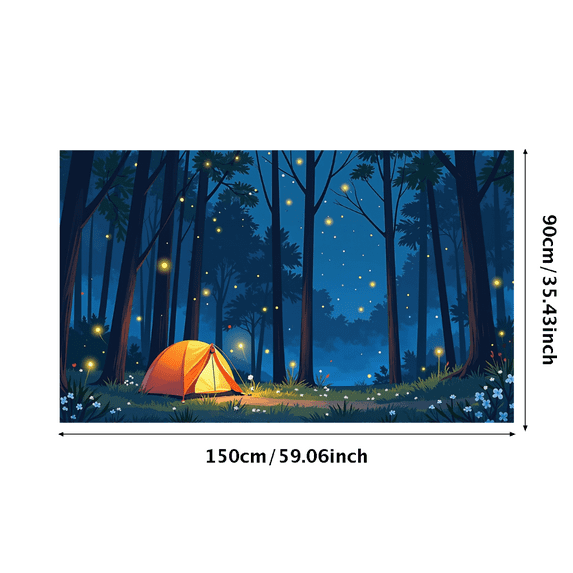 Magical Nighttime Forest Scene Backdrop Banner with Glowing Fireflies Tent and Starry Sky Party Decorations Photography Props Background for Camping Themed Parties Outdoor Gatherings and Photo Booths