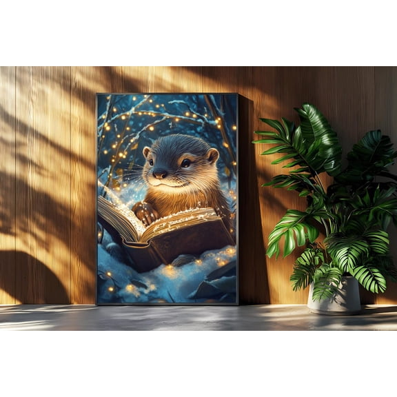 Magical Otter Reading Enchanted Winter Whimsical Animal Nature Lovers Art, Unframed Paper Poster 8x10in