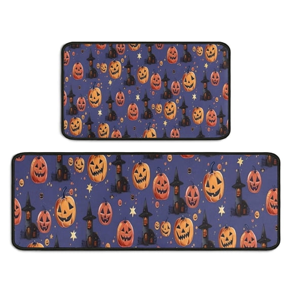 Magical Pumpkin Castle Halloween Pattern Kitchen Rugs Sets Of 2,Anti Fatigue Kitchen Mat Rugs Non Slip Washable,Decorative Kitchen Floor Mats for Kitchen,Sink,Laundry,17"X30"+17"X47"