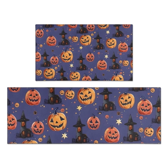 Magical Pumpkin Castle Halloween Pattern Kitchen Rugs Sets Of 2,Anti Fatigue Kitchen Mat Rugs Non Slip Washable,Decorative Kitchen Floor Mats for Kitchen,Sink,Laundry,17"x30"+17"x47"