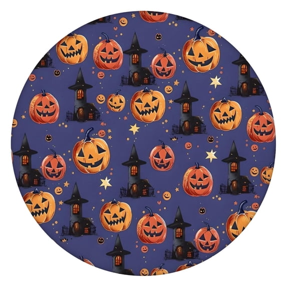 Magical Pumpkin Castle Halloween Pattern Round Fitted Tablecloth with Elastic Edge,Dining Table Cover Waterproof,Outdoor Round Tablecloth for Camping,Dining,Indoor and Outdoor