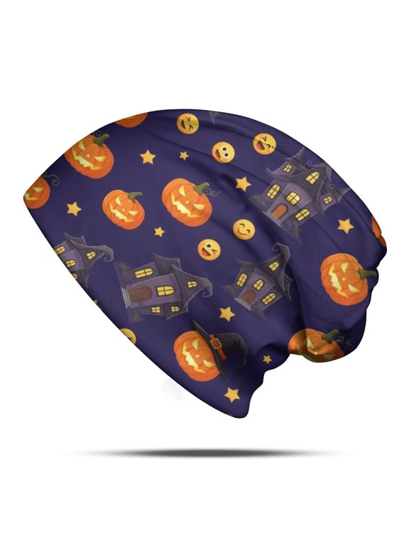 Magical Pumpkin Castle Halloween Pattern Slouchy Beanie Hat, Casual Daily Hat with Stretchy Fabric & Soft Texture, Lightweight Flexible Gifts for Unisex Men Women