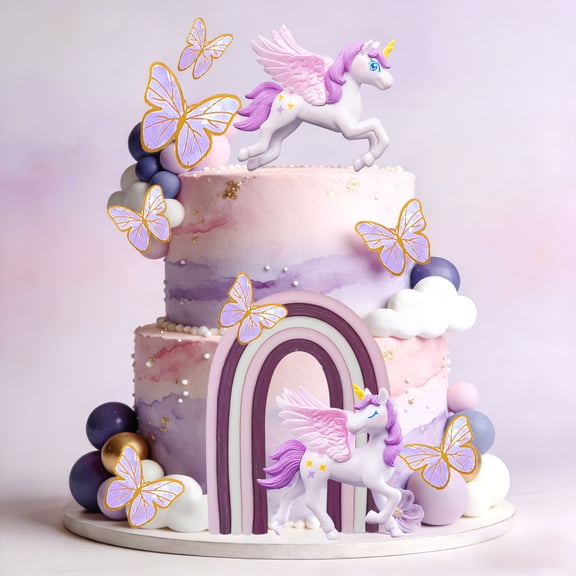Magical Purple Butterfly & Pegasus Cake Decorations Set - Enchanting Fairy Tale Party Supplies for Fantasy Events