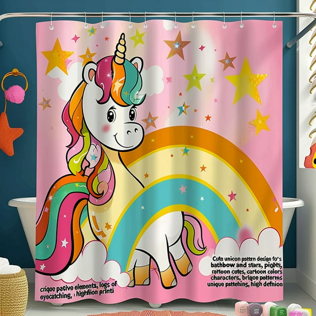 Magical Rainbow Shower Curtain for Kids Bathroom Bright Colors Cute