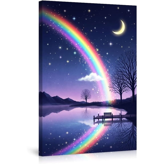 Magical Rainbow Starry Night Moon Lake Landscape Wall Art Poster Room Decor