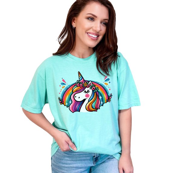 Magical Rainbow Unicorn T-Shirt, Colorful Fantasy Unicorn Shirt, Cute Unicorn Graphic Tee, Whimsical Unicorn Print T-Shirt, Chalky Mint Comfort Colors T-Shirt, Small