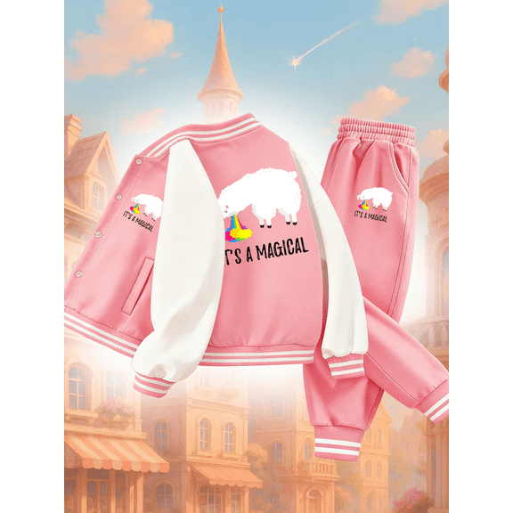 Magical Sheep Tracksuit baseball jacket set Christmas girls pink regular fit Cozy Varsity Jacket & Joggers Set with Letter Print cute plain funny Christmas crew 3 to 10 years old