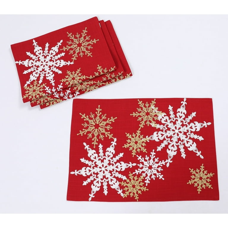14 in. x 20 in. Red Magical Snowflakes Crewel Embroidered Christmas Placemats (Set of 4), Polyester 14 in. x 20 in. Red Magical Snowflakes Crewel Embroidered Christmas Placemats (Set of 4), Polyester