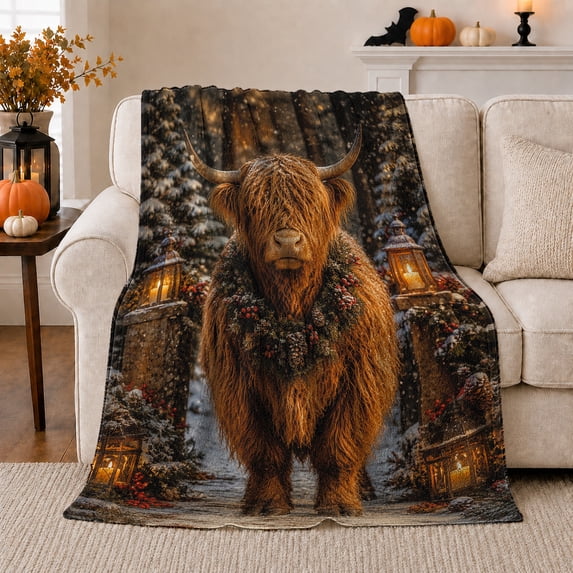 Magical Snowy Forest Highland Cow Wreath Christmas, Festive Holiday Scene, Warm Flannel Blanket for Ranch House and Living Room, Art Lovers Housewarming Gift, Festive Home Decor