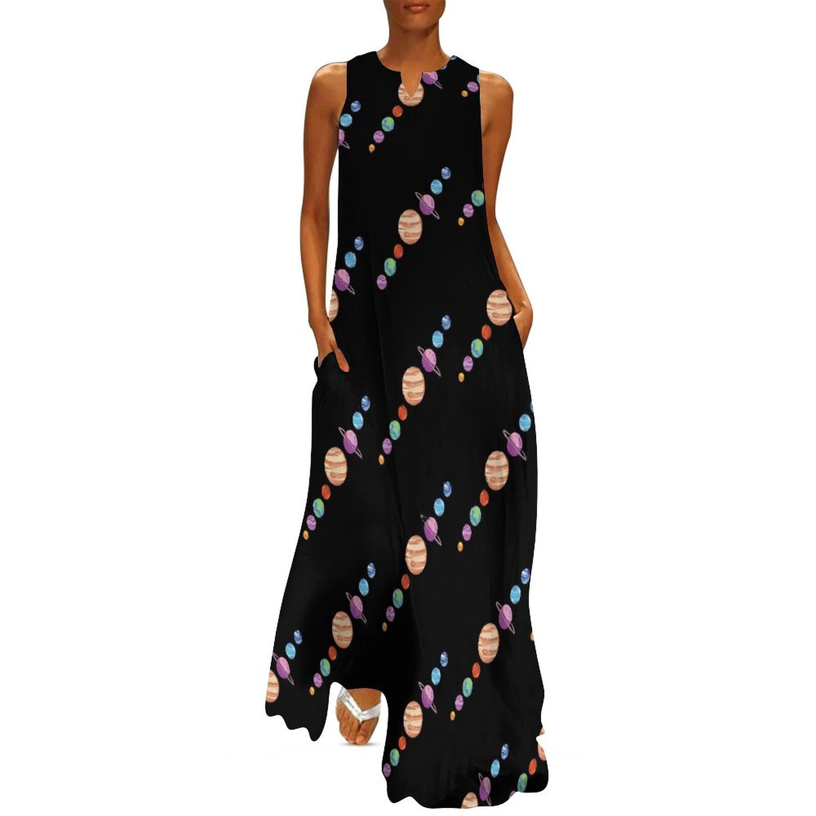 Women's Sleeveless Deep V-Neck Boho Maxi Dress - Flowy Floral Print, High Split, Purple (Small)