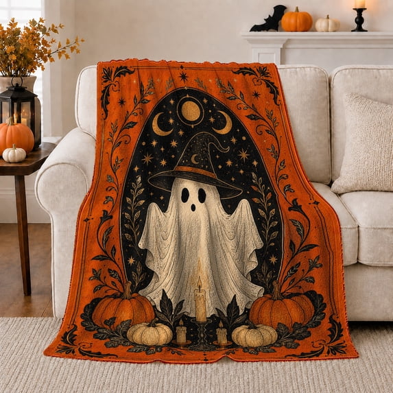 Magical Starry Night Ghost Print, Festive Halloween Scene, Warm Flannel Blanket for Living Room and Bedroom with Detailed Artwork, Animal Lovers Halloween Gift, Festive Home Decor