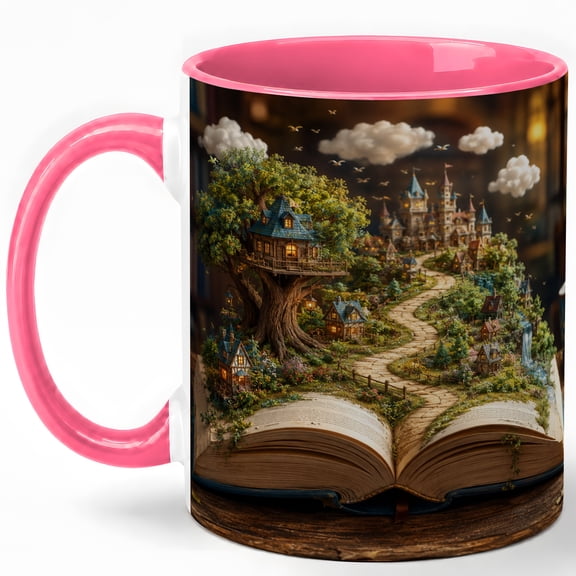 Magical Storybook Coffee Mug, Fantasy Village on Open Book Design, 11 oz Ceramic Cup