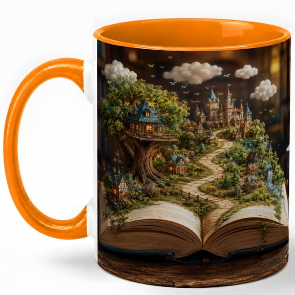 Magical Storybook Coffee Mug, Fantasy Village on Open Book Design, 11 oz Ceramic Cup