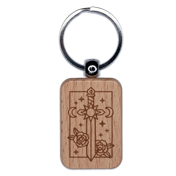 Magical Sword Sun Moon Stars Rectangle Keychain Charm Tag - Engraved Wood