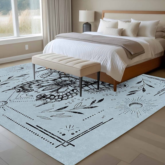 Magical Theme 6x9 Rug for Dining Room Table and Chair Setup, Witchy Art Butterfly Sun and Moon Low Pile Washable Non Slip Rectangle Area Rug
