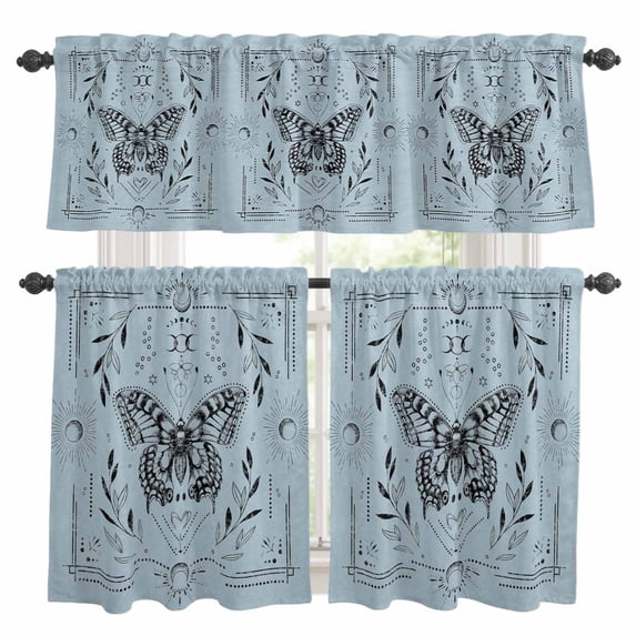 Magical Theme Kitchen Curtains Valances and Tiers Set of 3 Witchy Art Butterfly Sun and Moon Tier Curtains and Valance with Rod Pocket for Small Windows, 27.5"x24"