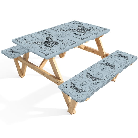 Magical Theme Picnic Table Cover with Bench Covers Witchy Art Butterfly Sun and Moon Waterproof Fitted Picnic Tablecloth 3 Pieces Set Table Cloth for Outdoor Camping Garden BBQ