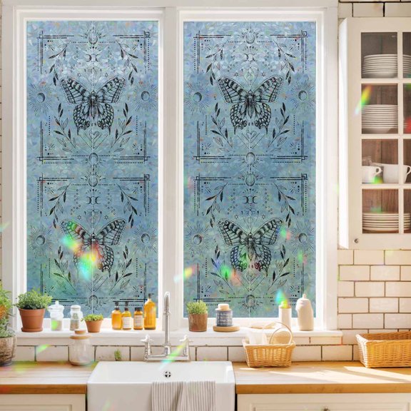 Magical Theme Window Privacy Film Witchy Art Butterfly Sun and Moon Static Cling Stained Glass Window Film Non-Adhesive Decorative Decals Rainbow Sticker 17.7"X39.3"