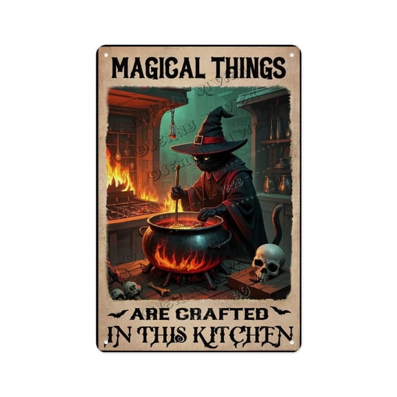 Magical Things Are Crafted In This Kitchen Black Cat Halloween-Themed Tin Sign Fun Kitchen Dcor for Cat Lovers and Holiday Parties 8x12 inch