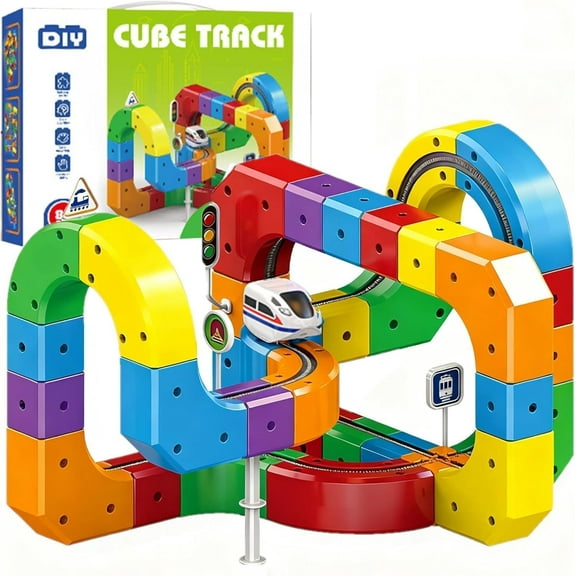Magical Track Car Toys, Flexible Car Track Magical Train Set, DIY Race Car Track Building Kits with Train and Traffic Signs, Creative Racing Track Set for Birthday Gifts & Home Entertainment (81Pcs)