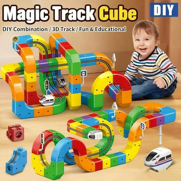 Magical Track Train STEM Toy for Ages 4-8 – USB Rechargeable 3D Building Cube Track with Signs, 2026 New Klick Rail Electric Train Set Flexible Gravity-Defying Race Track (67PCS)