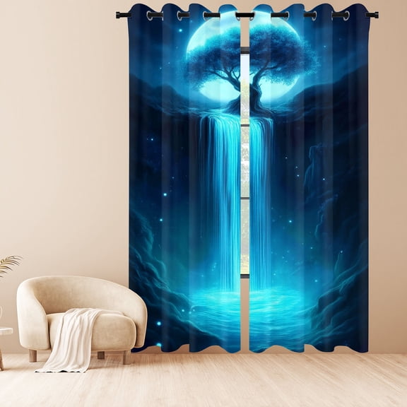 Magical Tree of Life with Waterfall Under Moonlight Window Curtains, Fantasy Blackout Drapes 2 Panels
