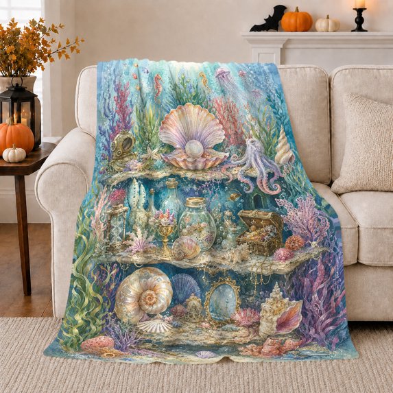 Magical Undersea Treasure Chest Pearl Seashell Underwater Scene, Mystical Fantasy Scene, Warm Flannel Blanket for Living Room and Bedroom, Art Lovers Housewarming Gift, Fantasy Home Decor