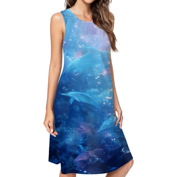 Magical Underwater Dolphin Scene Casual Sleeveless Loose Sundress Dress For Women Summer Dress Daily Woman