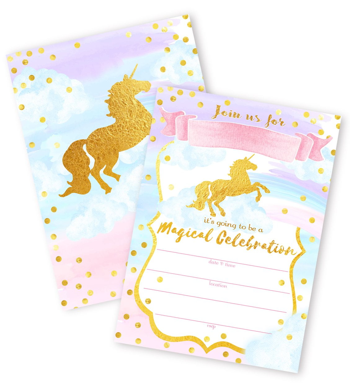 POP PARTIES Magical Unicorn 12 LARGE Invitations - 12 Invitations + 12 Envelopes - DOUBLE SIDED