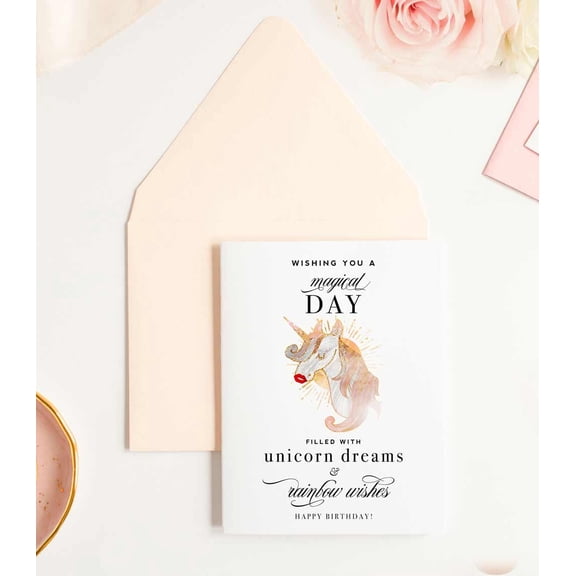 Magical Unicorn Birthday Card  Wishing You a Day Filled with Unicorn Dreams & Rainbow Wishes  Blank Inside with Envelope Included