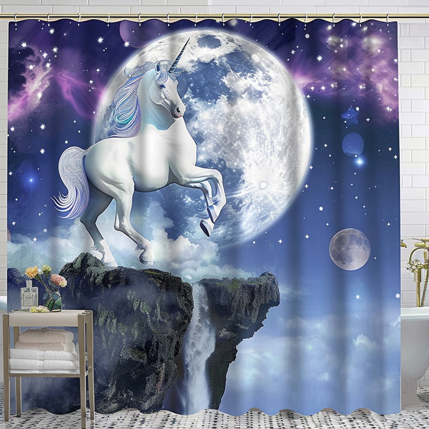Magical Unicorn Fantasy Shower Curtain Celestial Moon and Stars Design